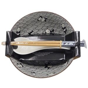 SH Home Black Panda Waves Ceramic Ramen Noodle Bowl Set 43oz Chopsticks Spoon
